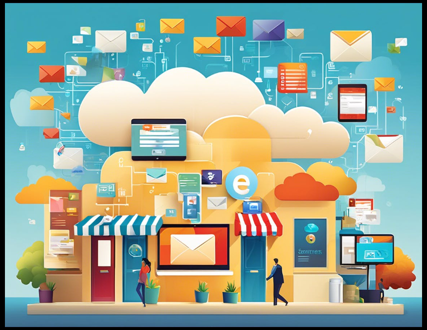 A simplified visual of tech integration: A cloud of icons (representing emails, CRM, automated workflows) connected seamlessly to a small business storefront.